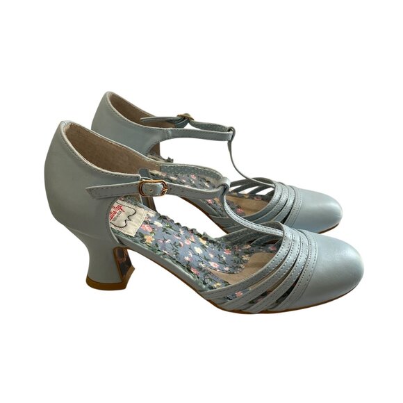 Bettie Page Shoes By Ellie Lucy Faux Leather Pumps T Strap Womens 7 Blue Retro - Picture 1 of 10